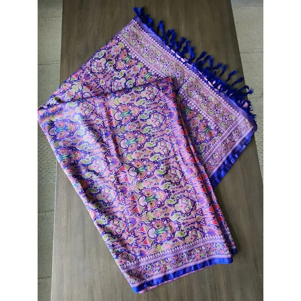 Unbranded Oversized Multicolor Silk Brocade Shawl Wrap W/ Fringes 44 X 72 Inches